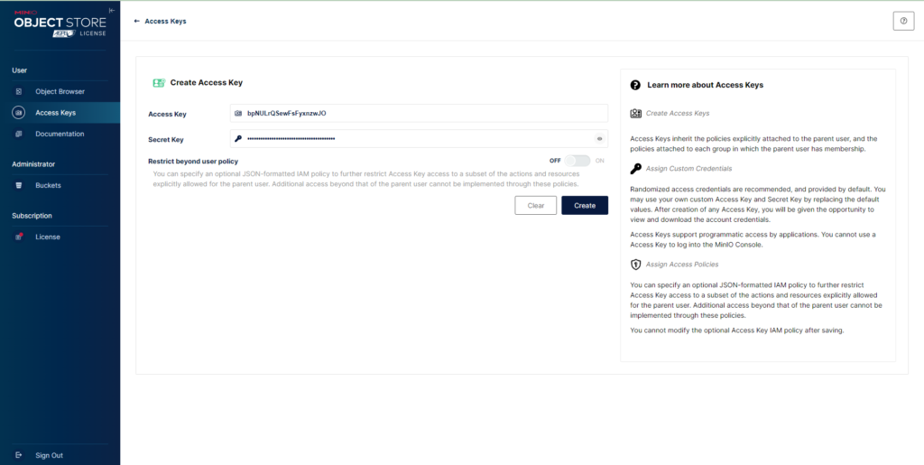 Hướng dẫn tạo thông tin ACCESS_KEY SECRET_KEY S3 Minio InterData 2024